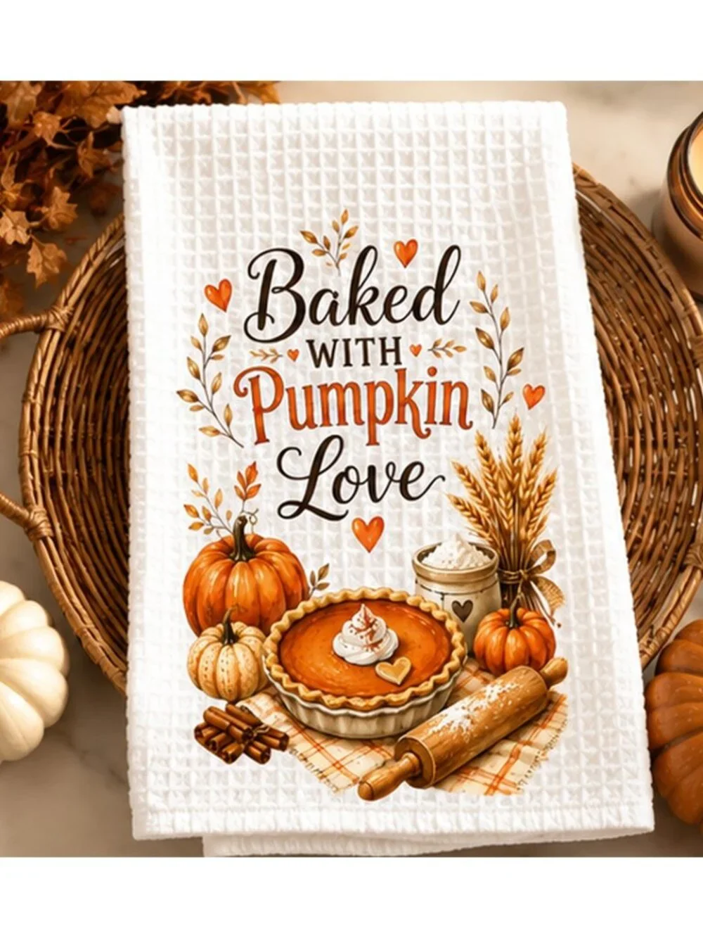 Baked With Pumpkin Love Kitchen Towel Set, Fall Baking Towel, Housewarming Gift